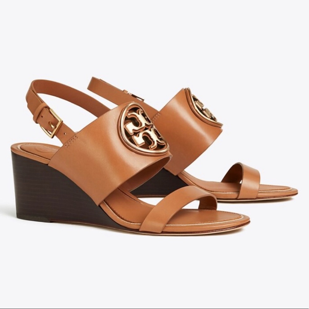 Tory Burch Miller Metal-Logo Wedge Sandals Size 7